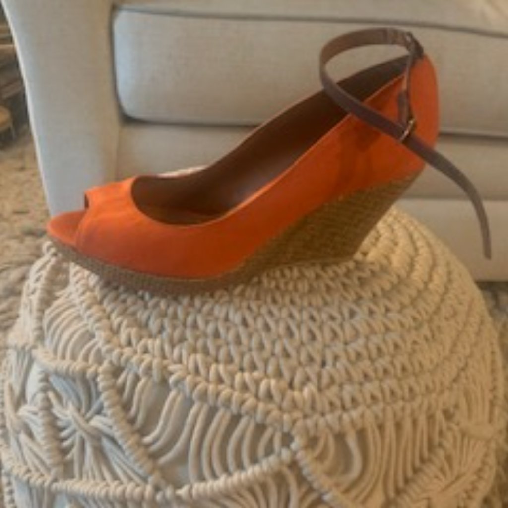 Orange Suede Open-Toe Espadrille Wedges